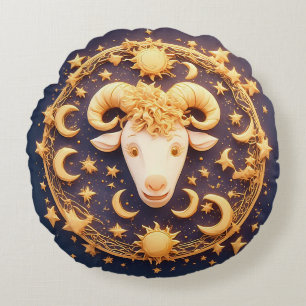 Golden Zodiac Aries Symbol Round Pillow
