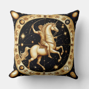 Golden Zodiac Wheel Depicting a Archer Throw Pillow