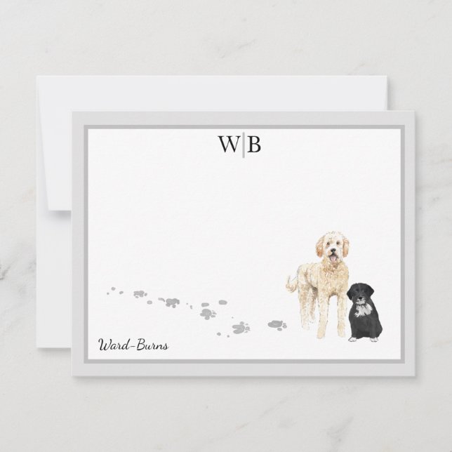 Goldendoodle and Friend Grey Border Monogram Name Card (Front)
