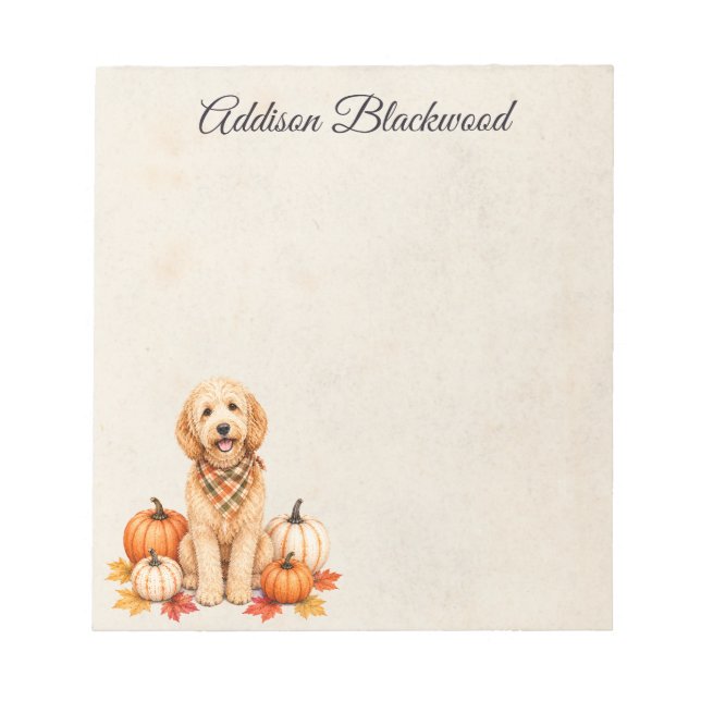 Goldendoodle Autumn Leaves Pumpkins Personalized Notepad (Front)