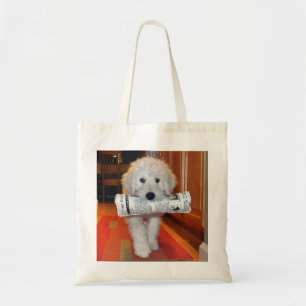 Goldendoodle carrying newspaper toy tote bag