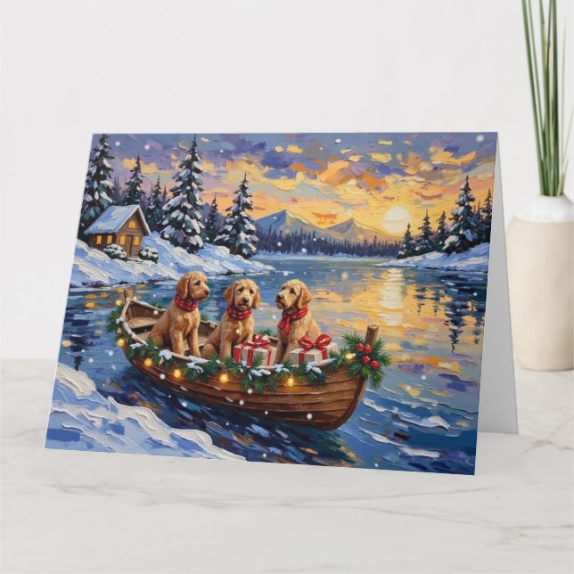 Goldendoodle Christmas Boat Holiday Card (Front)