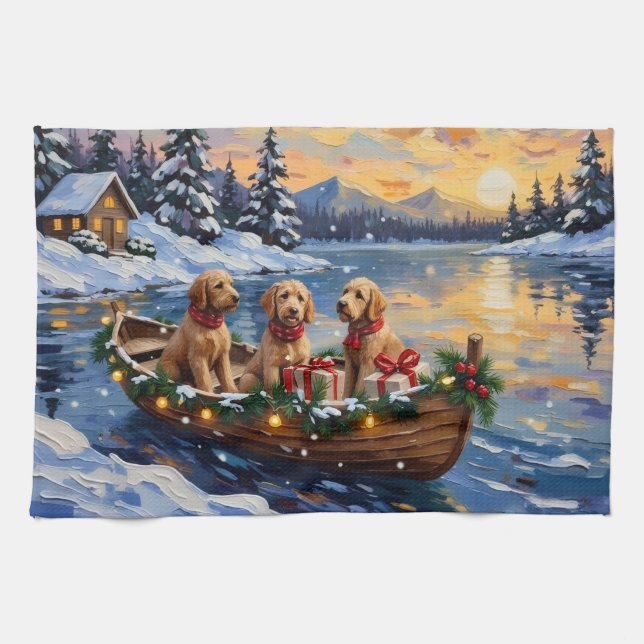 Goldendoodle Christmas Boat Holiday Kitchen Towel (Horizontal)
