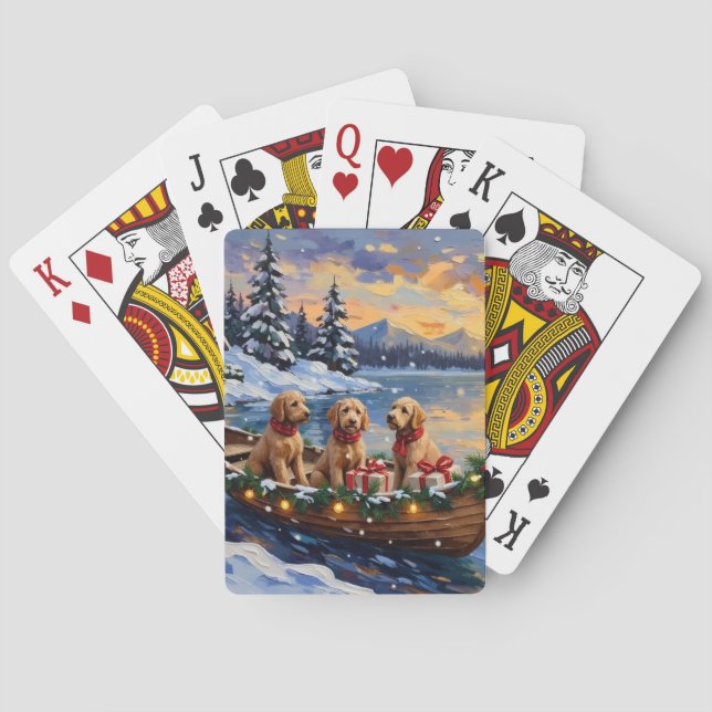 Goldendoodle Christmas Boat Holiday Playing Cards (Back)