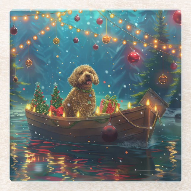 Goldendoodle Christmas Festive Voyage Glass Coaster (Front)