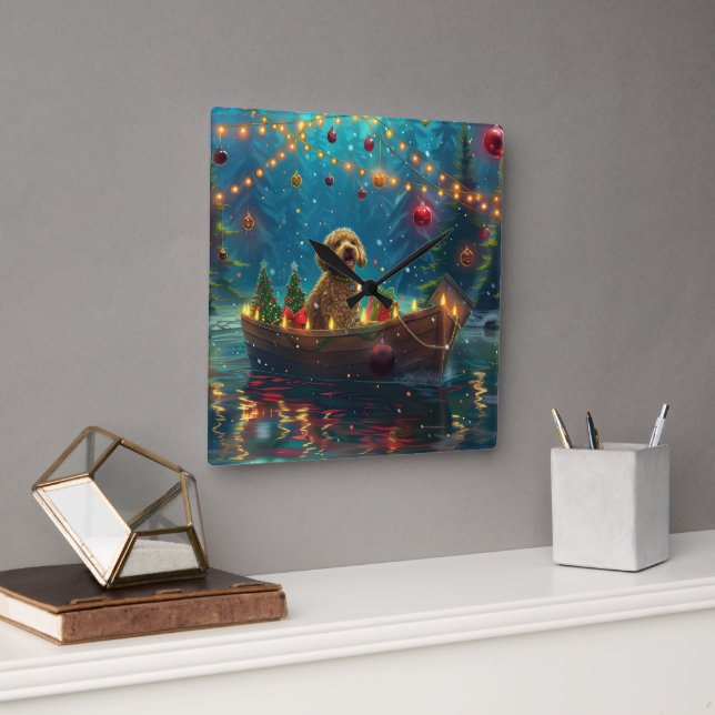 Goldendoodle Christmas Festive Voyage Square Wall Clock (Office)