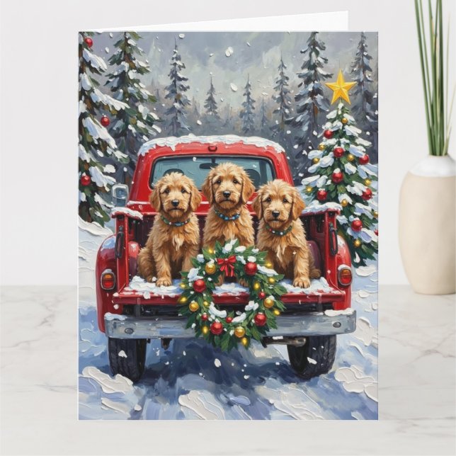 Goldendoodle Christmas Red Truck Holiday Card (Front)
