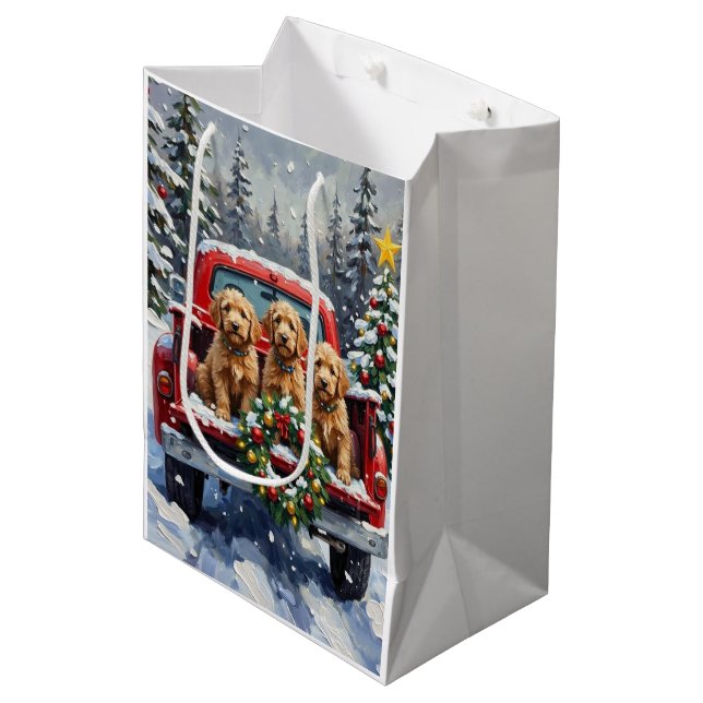 Goldendoodle Christmas Red Truck Holiday Medium Gift Bag (Front Angled)
