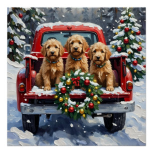 Goldendoodle Christmas Red Truck Holiday Poster