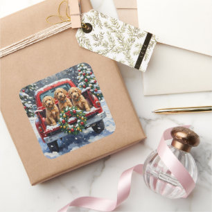 Goldendoodle Christmas Red Truck Holiday Square Sticker