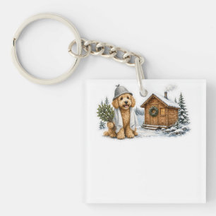 Goldendoodle Christmas Sauna Cabin Keychain