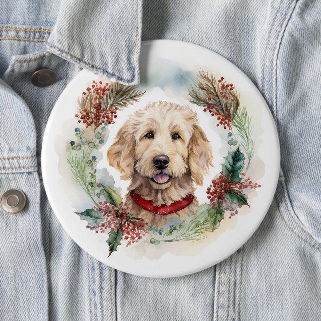 Goldendoodle Christmas Wreath Festive Pup 6 Inch Round Button (In Situ)