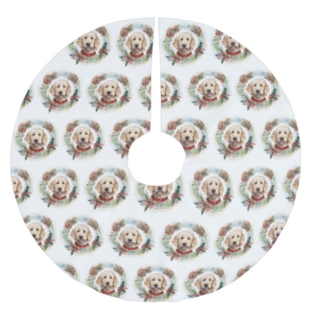 Goldendoodle Christmas Wreath Festive Pup Brushed Polyester Tree Skirt (Front)