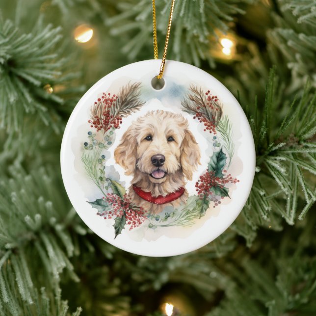 Goldendoodle Christmas Wreath Festive Pup Ceramic Ornament (Tree)