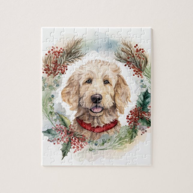 Goldendoodle Christmas Wreath Festive Pup Jigsaw Puzzle (Vertical)