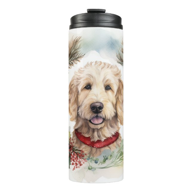 Goldendoodle Christmas Wreath Festive Pup Thermal Tumbler (Front)