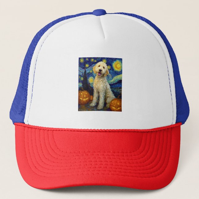 Goldendoodle Cute Dog Halloween Jack O Lantern Pum Trucker Hat (Front)