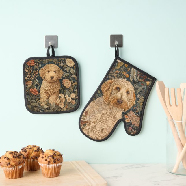 Goldendoodle dog and puppy floral garden oven mitt & pot holder set (Insitu(Hanging))