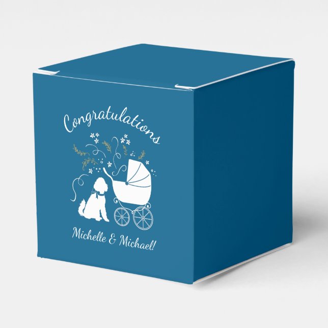 Goldendoodle Dog Baby Shower Boy Blue Favor Box (Front Side)