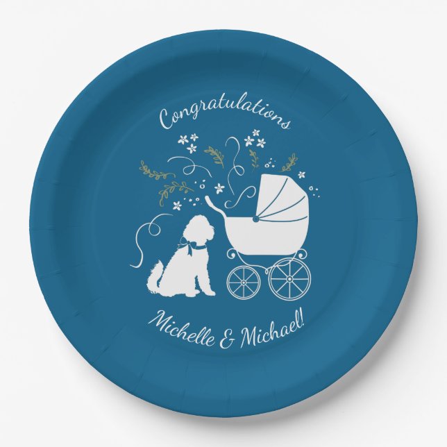 Goldendoodle Dog Baby Shower Boy Blue Paper Plate (Front)