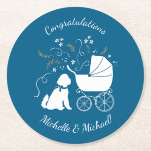 Goldendoodle Dog Baby Shower Boy Blue Round Paper Coaster