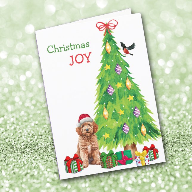 Goldendoodle Dog, Bird and Christmas Tree Holiday Card (Creator Uploaded)