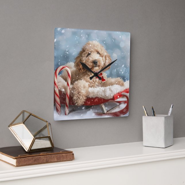 Goldendoodle Dog Christmas Festive  Square Wall Clock (Office)
