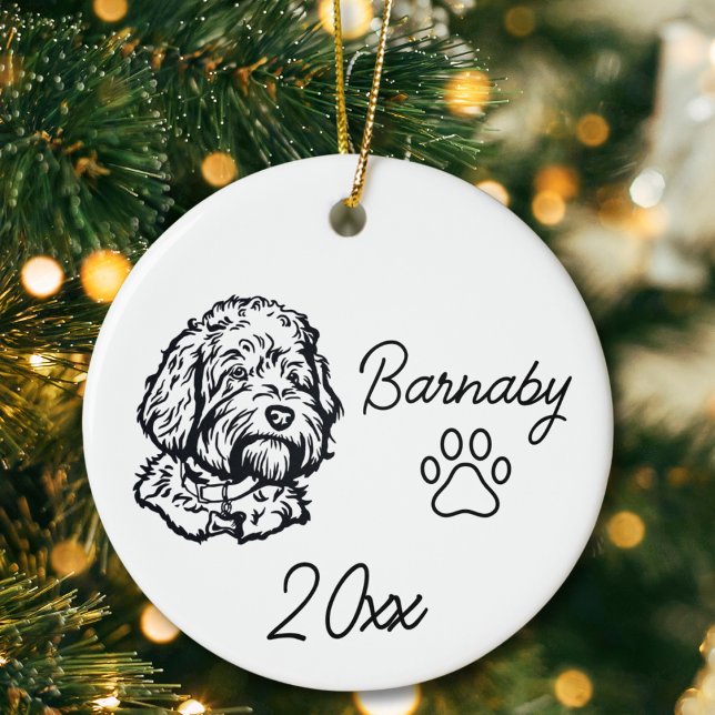 Goldendoodle Dog Custom Name & Year Line Art Ceramic Ornament (Goldendoodle Dog Custom Name and Year Ornament with Paw Print. Black and White Line Art Modern)