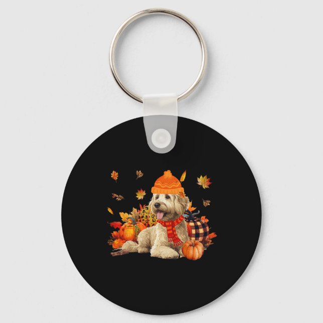 Goldendoodle Dog Fall Scarf Leopard Pumpkins Autum Keychain (Front)