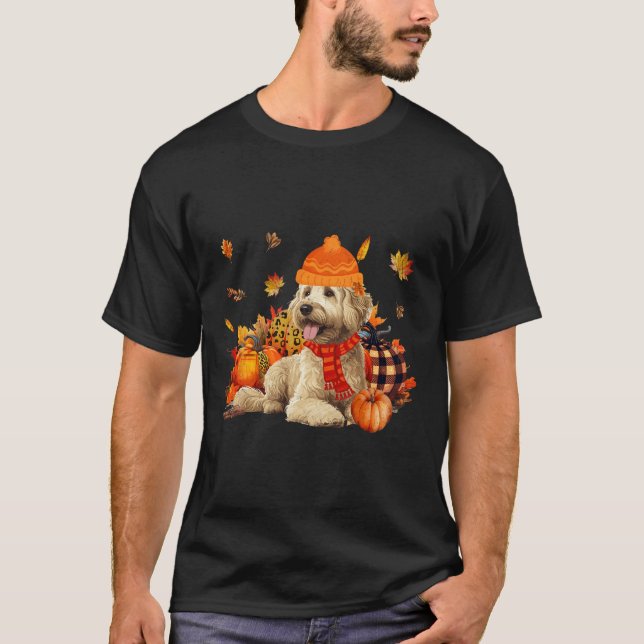 Goldendoodle Dog Fall Scarf Leopard Pumpkins Autum T-Shirt (Front)