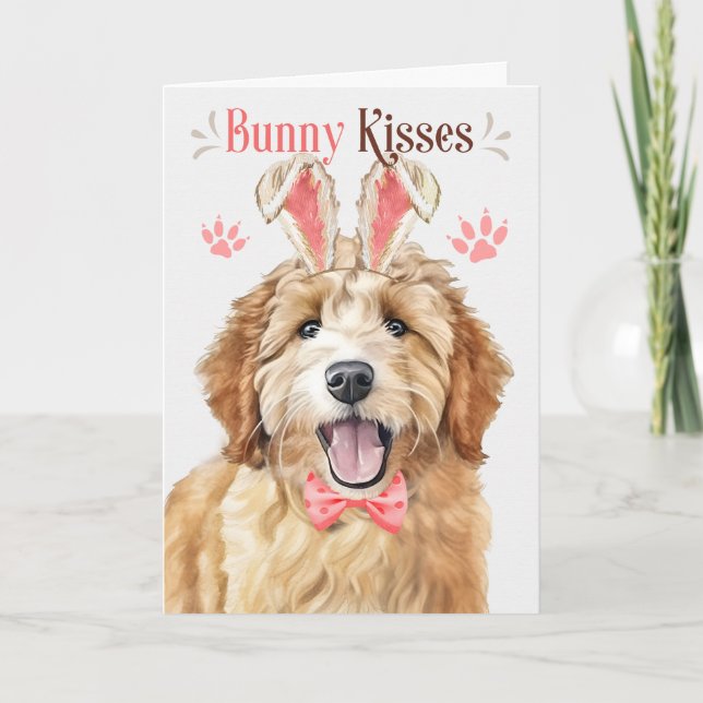 Goldendoodle Dog in Bunny Ears for Easter Holiday Card (Front)