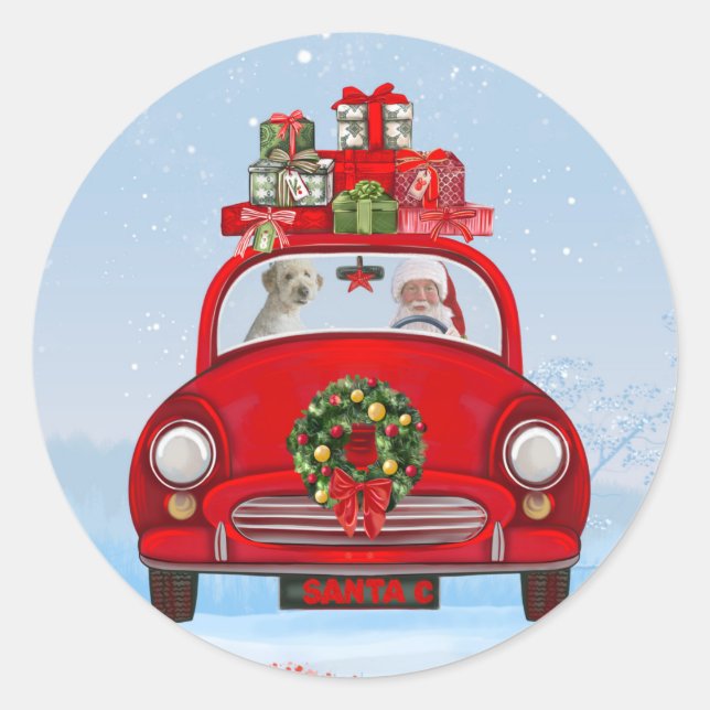 Goldendoodle Dog In Car With Santa Claus  Classic Round Sticker (Front)