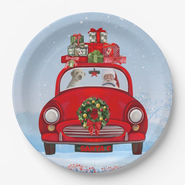 Goldendoodle Dog In Car With Santa Claus Paper Plate (Front)