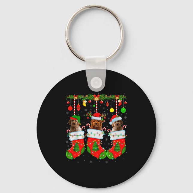 Goldendoodle Dog In Christmas Socks Funny Pet Dog  Keychain (Front)