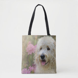 goldendoodle dog in hydrangea garden tote bag