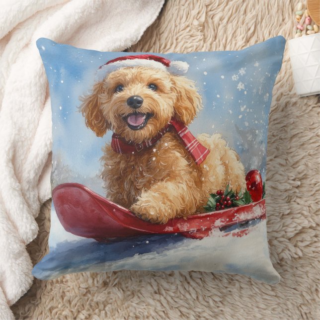 Goldendoodle Dog in Sledge Let it Snow Christmas Throw Pillow (Blanket)