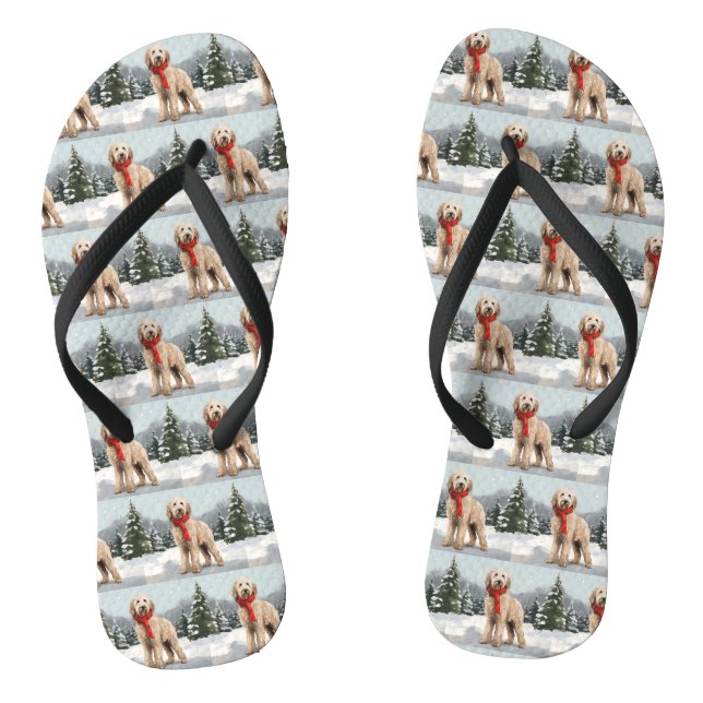 Goldendoodle Dog in Snow Christmas  Flip Flops (Footbed)