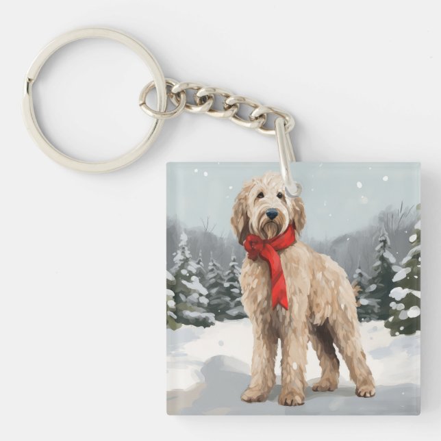 Goldendoodle Dog in Snow Christmas  Keychain (Front)