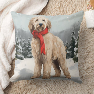 Goldendoodle Dog in Snow Christmas Throw Pillow