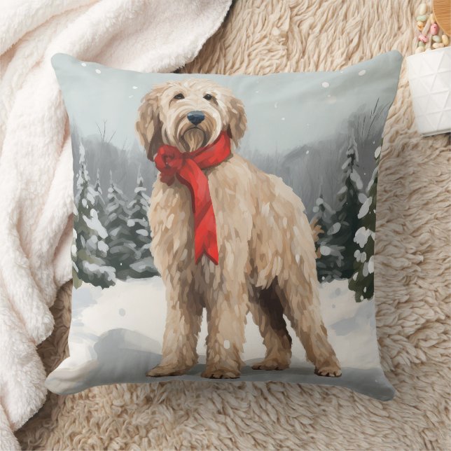 Goldendoodle Dog in Snow Christmas  Throw Pillow (Blanket)