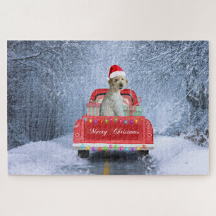 Goldendoodle Dog in Snow sitting in Christmas  Jigsaw Puzzle