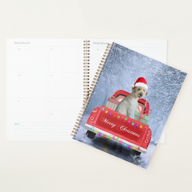 Goldendoodle Dog in Snow sitting in Christmas Planner (Display)