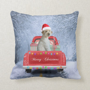 Goldendoodle Dog in Snow sitting in Christmas  Throw Pillow