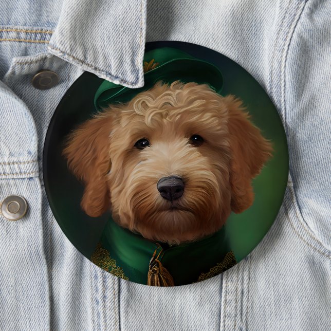 Goldendoodle  Dog in St. Patrick's Day Dress 6 Inch Round Button (In Situ)