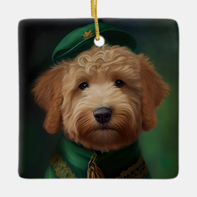 Goldendoodle  Dog in St. Patrick's Day Dress Ceramic Ornament (Front)