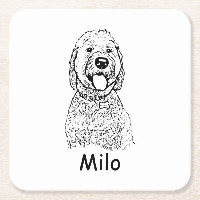 Goldendoodle Dog Personalized Hand Drawing Square Paper Coaster (Front)