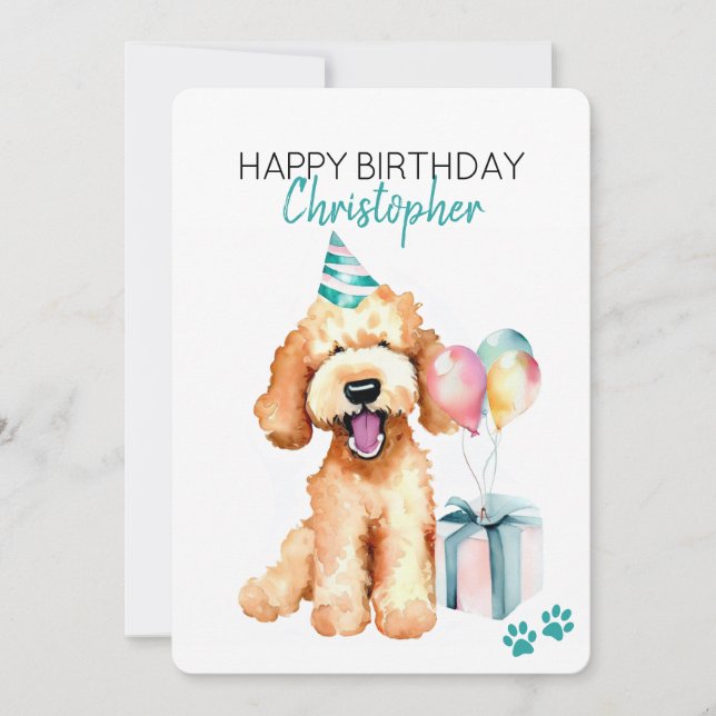 Goldendoodle Dog Personalized Happy Birthday Flat Card (Front)
