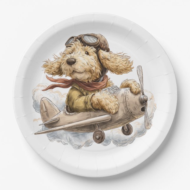 Goldendoodle Dog Pilot Airplane Paper Plate (Front)