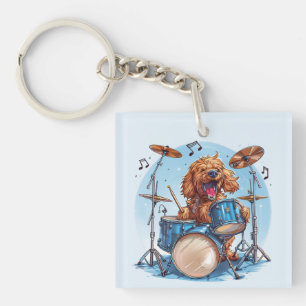 Goldendoodle Dog Playing Drums Keychain
