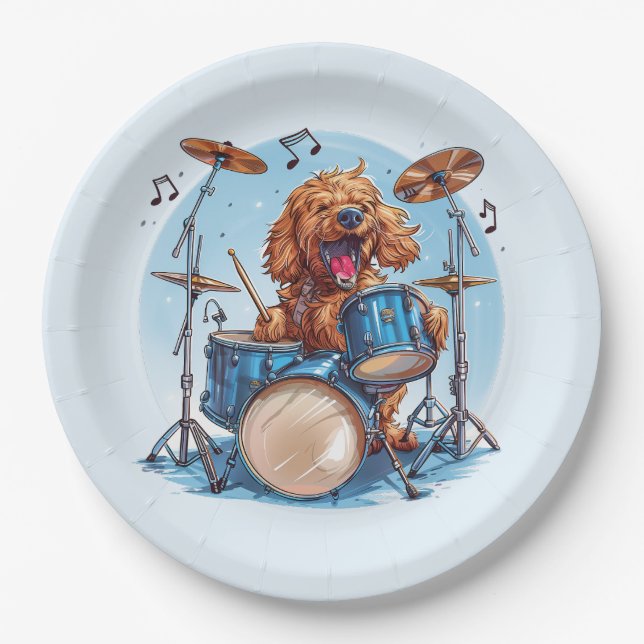 Goldendoodle Dog Playing Drums Paper Plate (Front)